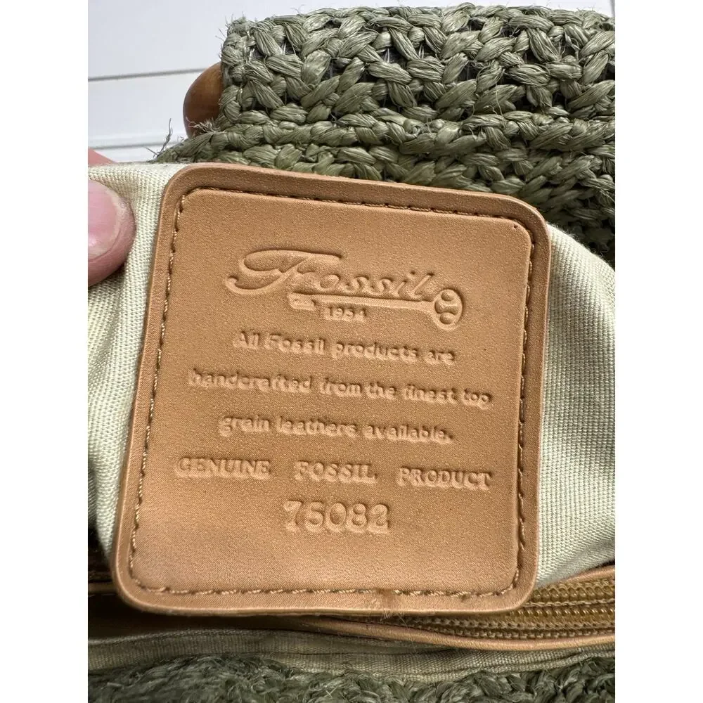 Fossil Green Weave Crochet Wooden Handles Hobo Bag Purse Woven Crossbody Strap - Picture 6 of 6